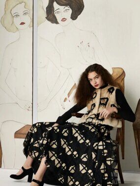 NWT Co. Embroidered/Crochet Applique Black Organza Midi Collared Dress XS $2,294